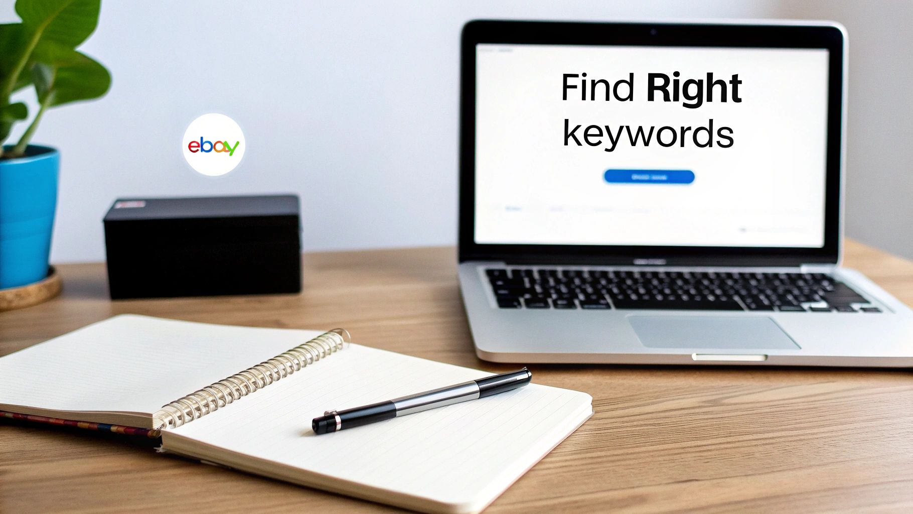 A productivity workspace featuring a laptop displaying 'Find Right keywords', an eBay logo, a notebook, and a pen.