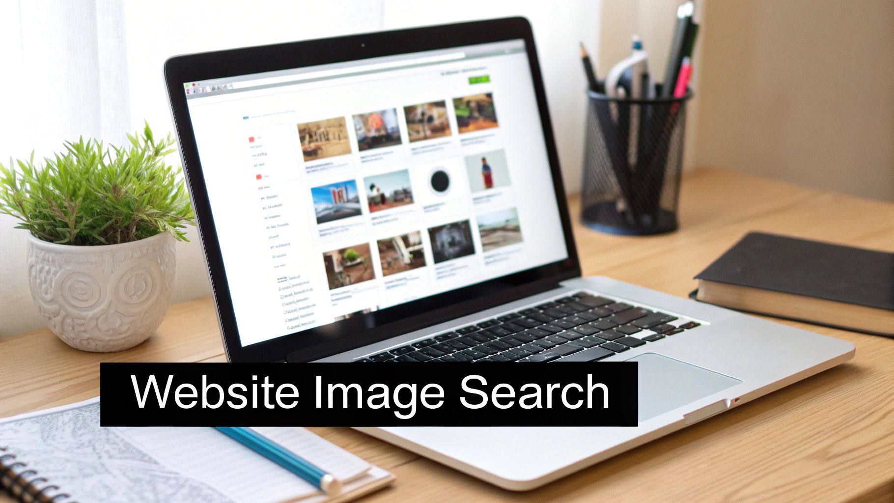 A laptop on a wooden desk displaying a website image search results page, next to a plant.