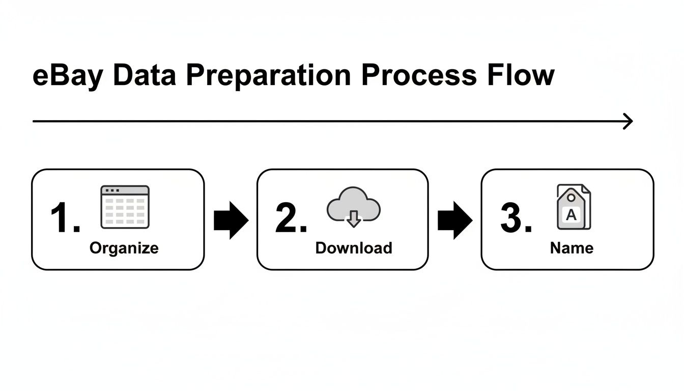 Flowchart illustrating the eBay data preparation process with steps: organize, download, and name.