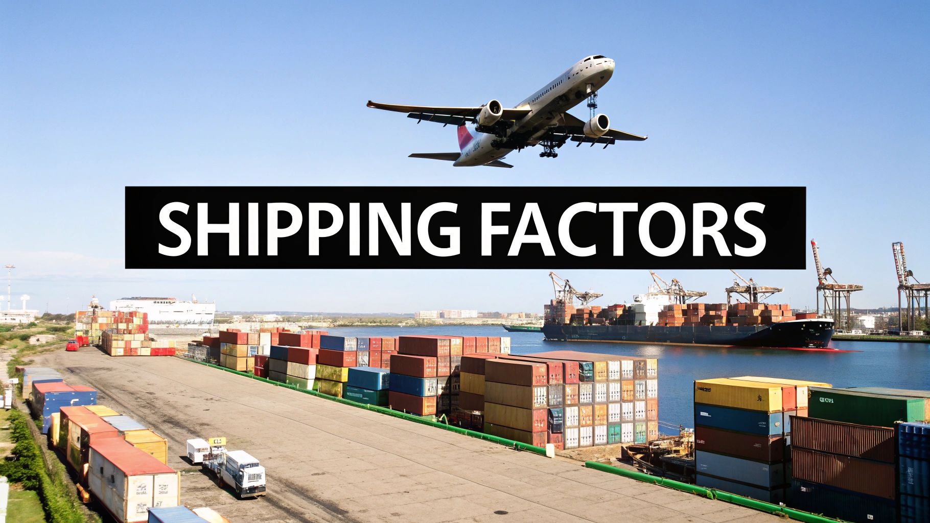 A magnifying glass hovering over a map with shipping routes, highlighting key factors like warehouses and customs.