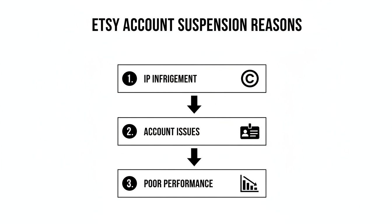 Flowchart outlining the top three reasons for Etsy account suspension: IP infringement, account issues, and poor performance.