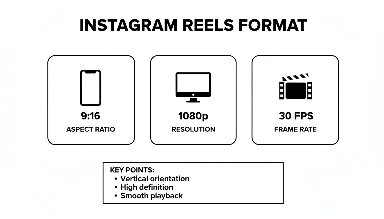 Instagram Reels format guidelines showing 9:16 aspect ratio, 1080p resolution, and 30 FPS frame rate.