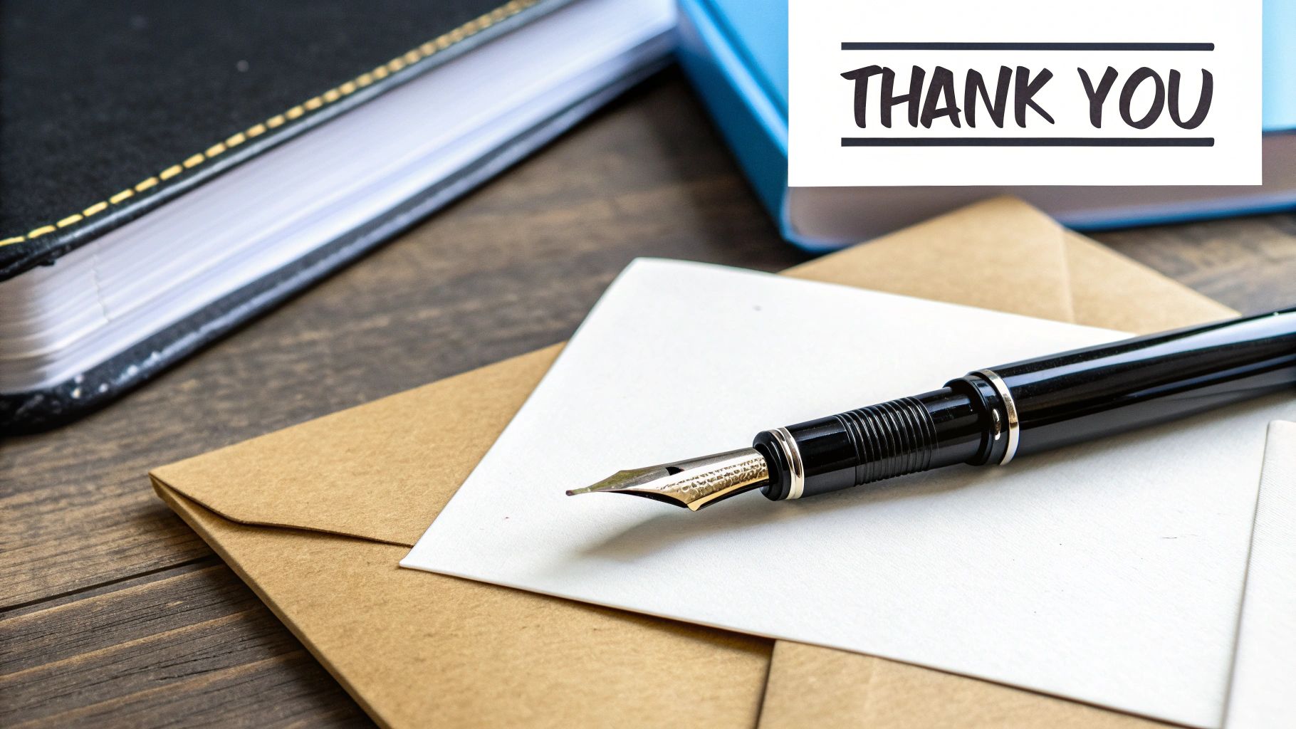 A "THANK YOU" card with a fountain pen and an envelope on a rustic wooden table.