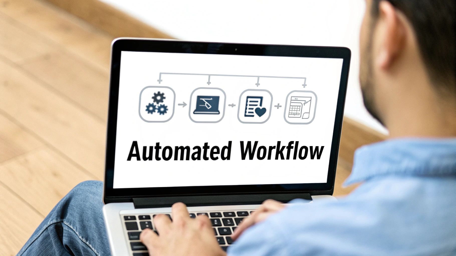 A person views a laptop screen displaying a diagram of an automated workflow process.