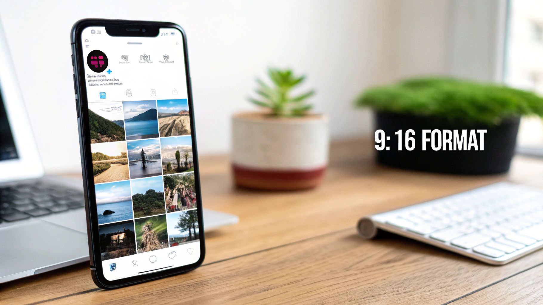 An iPhone displaying an Instagram profile grid of scenic photos on a wooden desk with office items.
