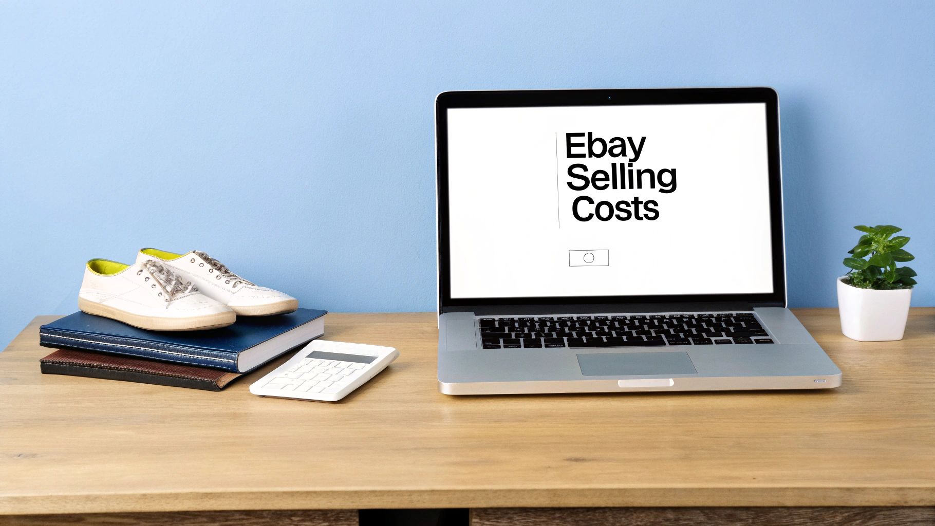 Laptop displaying "Ebay Selling Costs" on a wooden desk, surrounded by sneakers, books, a calculator, and a plant.