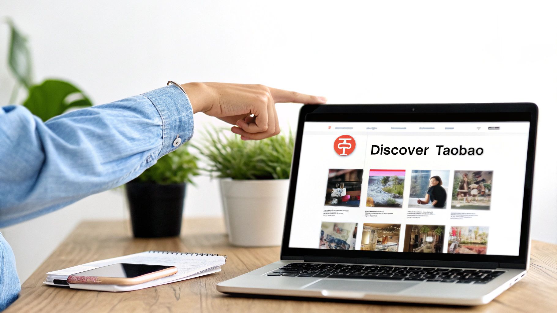 A person's hand points at a laptop screen showing 'Discover Taobao' and product images on a wooden desk.
