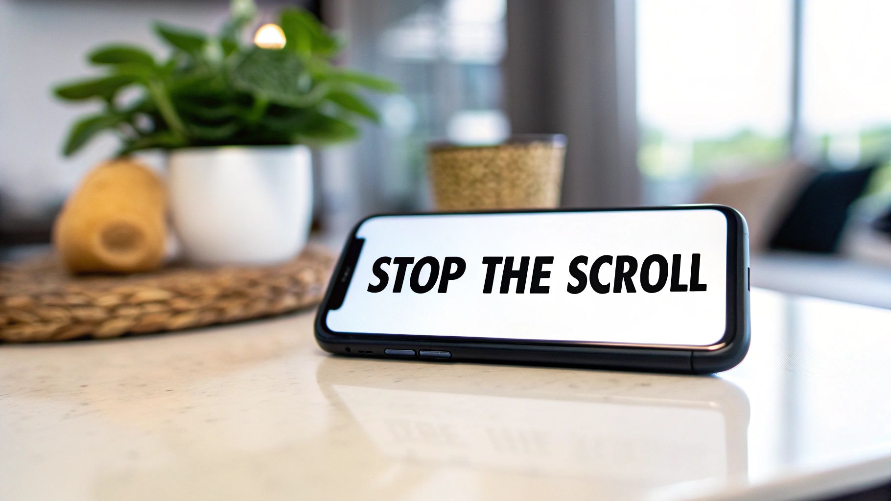Smartphone displaying stop the scroll message on white counter with plant in background