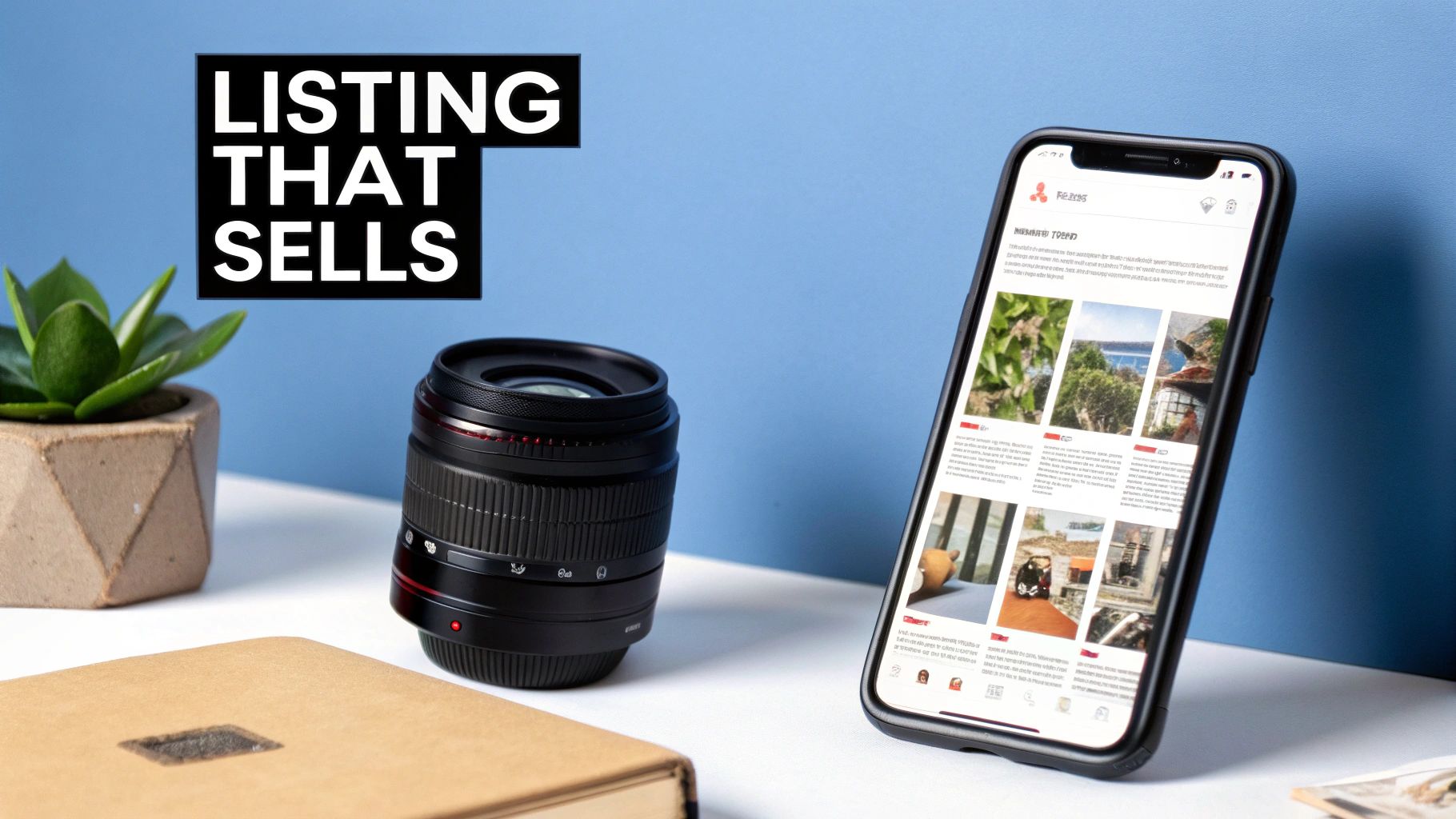A camera lens, plant, and smartphone displaying product listings on a table with 'LISTING THAT SELLS' text.