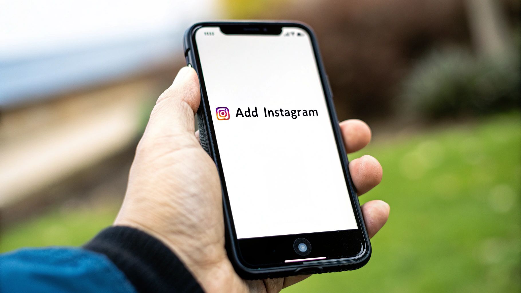 A person holds a smartphone displaying 'Add Instagram' and the Instagram logo on a white screen.
