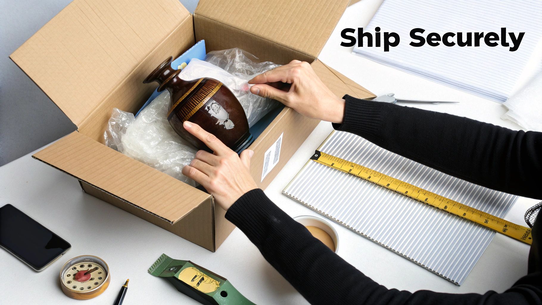 A person securely packs a decorative vase with bubble wrap into a cardboard box on a white table.