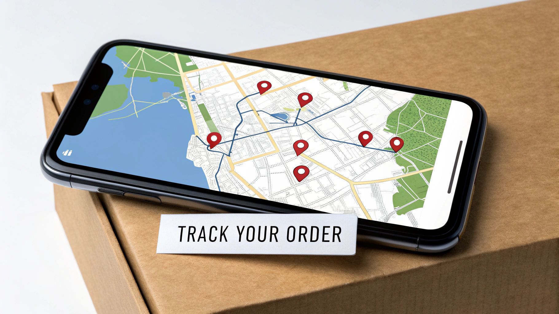 A person tracking a package on their laptop with a shipping map in the background.