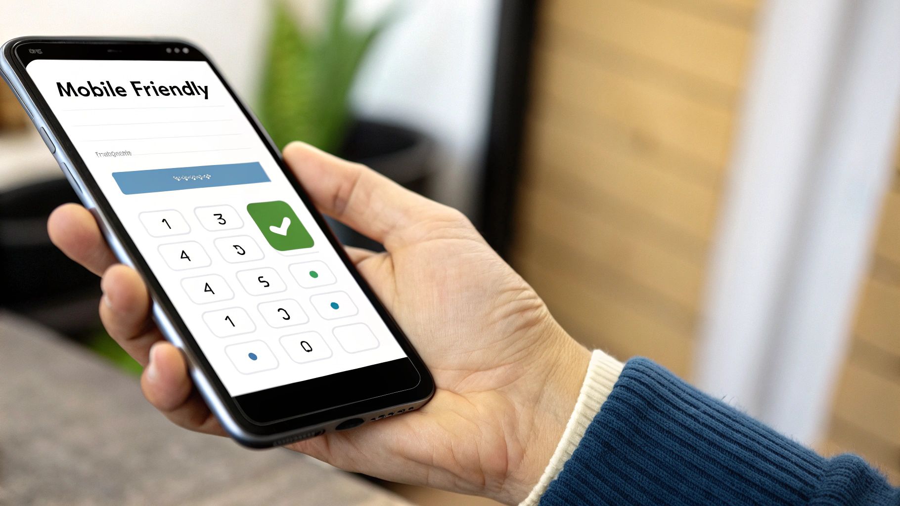 A person's hand holding a smartphone, with a clean and simple mobile checkout screen visible, emphasizing ease of use.