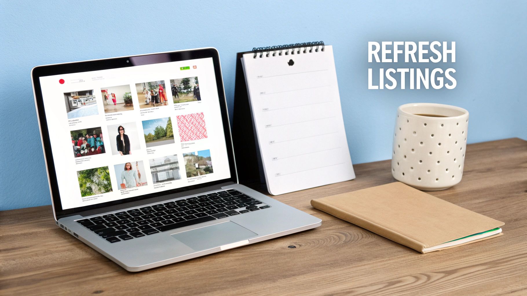 A laptop showing various listings, with a desk calendar, coffee mug, and notebook on a wooden table.
