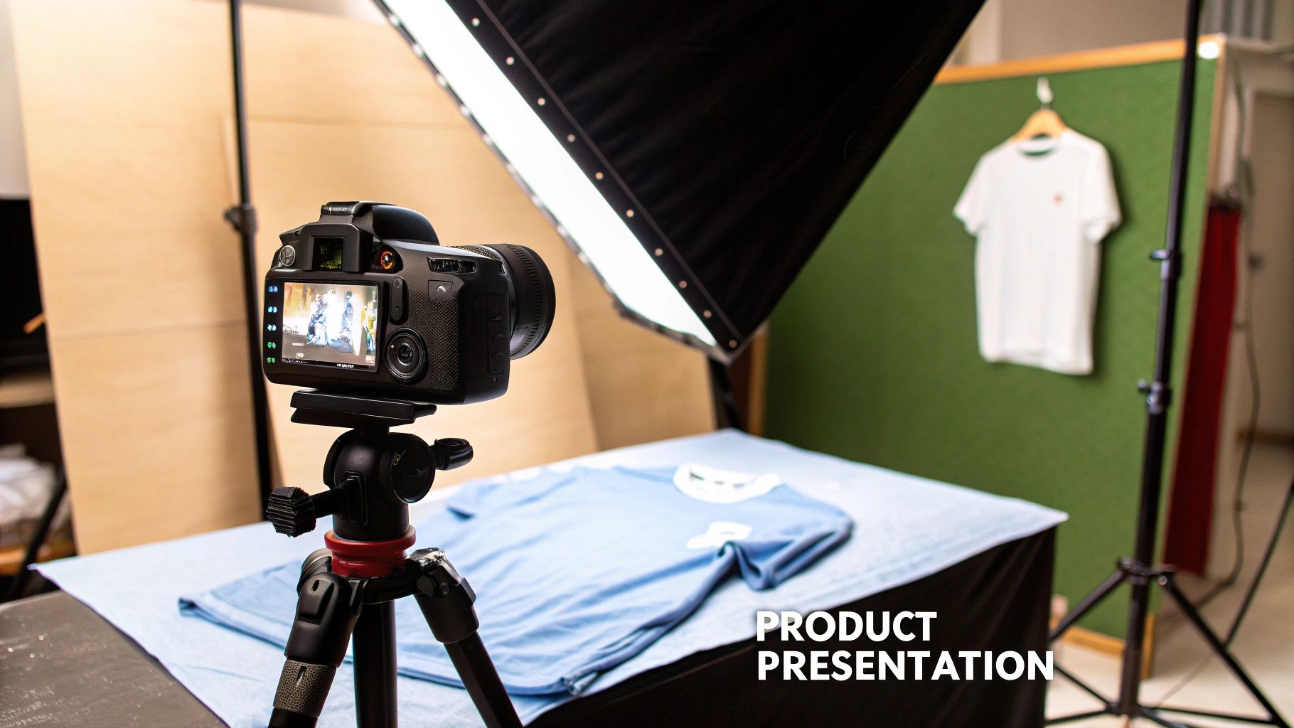 A camera on a tripod in a product photography studio, capturing a light blue t-shirt with professional lighting.