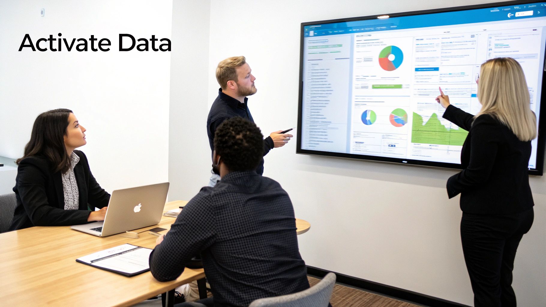 Professionals collaborate around a large screen displaying data visualizations and charts in a modern meeting room.