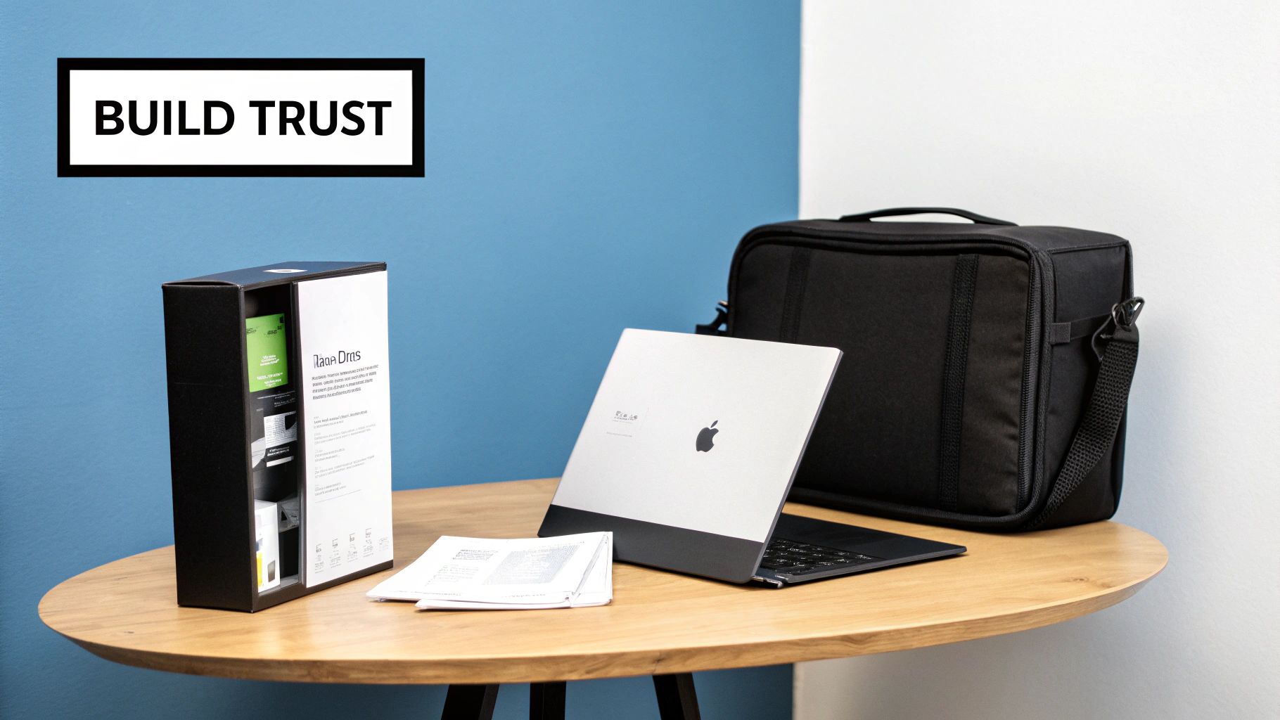 A professional workspace setup with a product box, Apple laptop, documents, and a black bag on a wooden table.