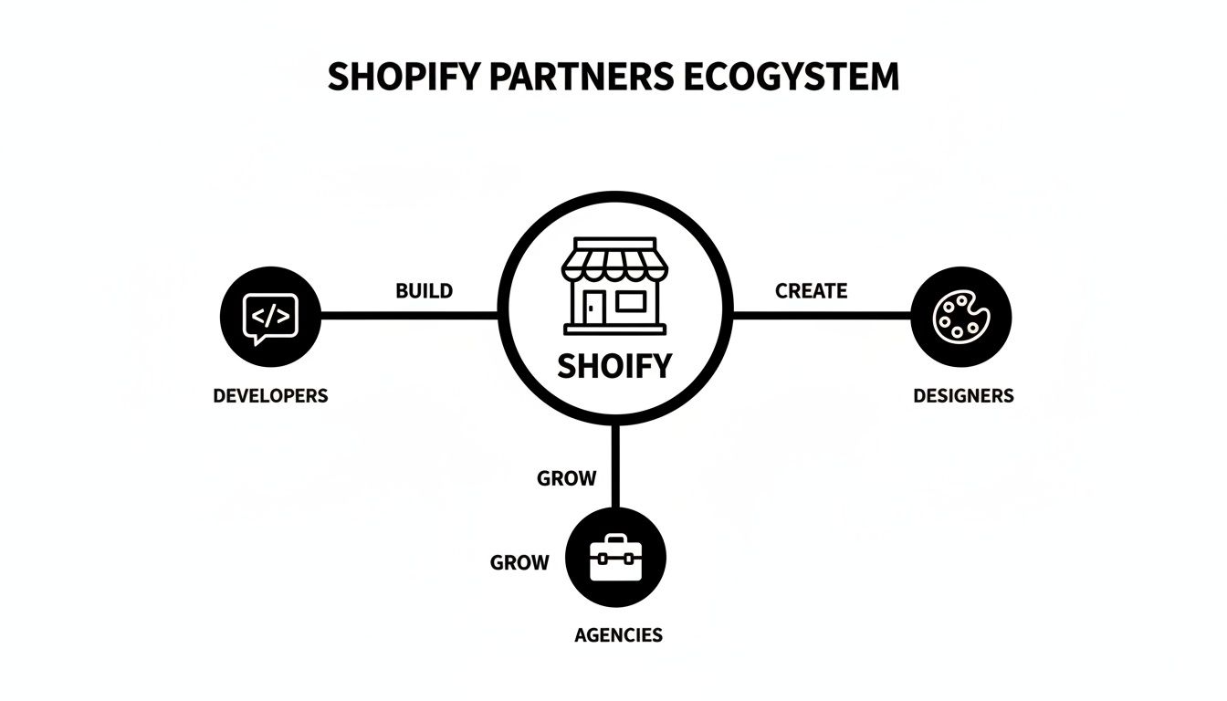 Diagram illustrating the Shopify partners ecosystem: developers build, designers create, and agencies grow.
