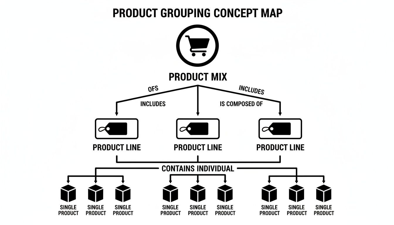 A concept map showing product grouping: Product Mix includes Product Lines, which contain Single Products.