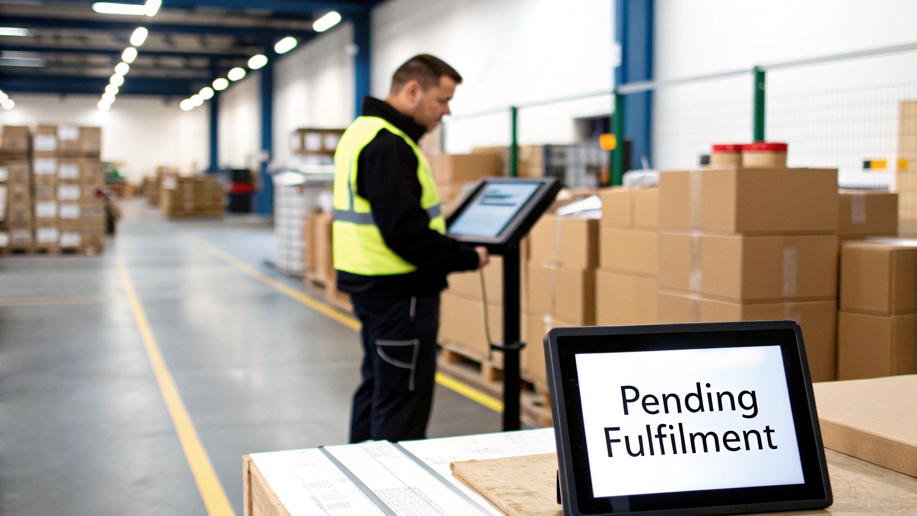 A warehouse employee scanning a package, representing the order fulfillment process.