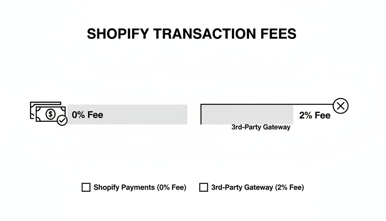 An illustration comparing Shopify transaction fees: 0% for Shopify Payments and 2% for 3rd-Party Gateways.