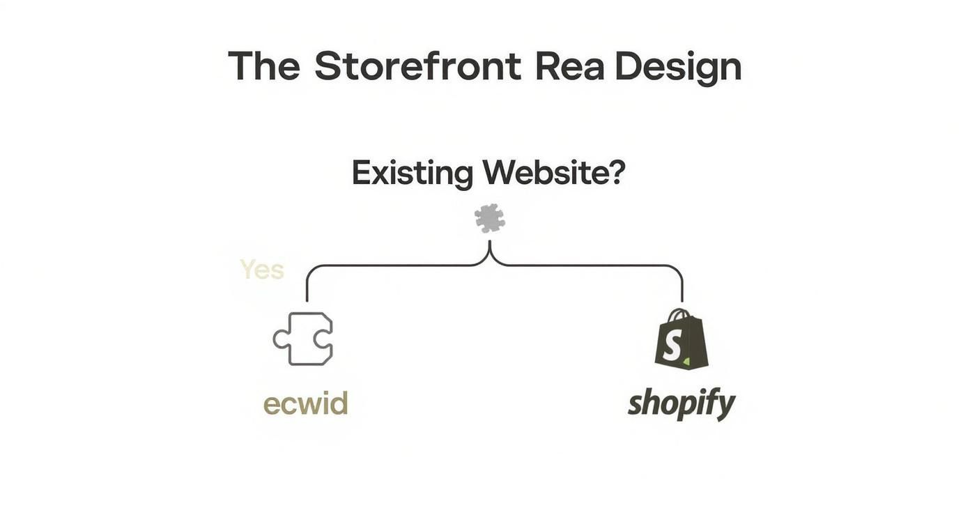 An infographic decision tree asking 'Existing Website?'. The 'YES' branch points to an Ecwid logo with a puzzle piece icon, while the 'NO' branch points to a Shopify logo with a storefront icon.