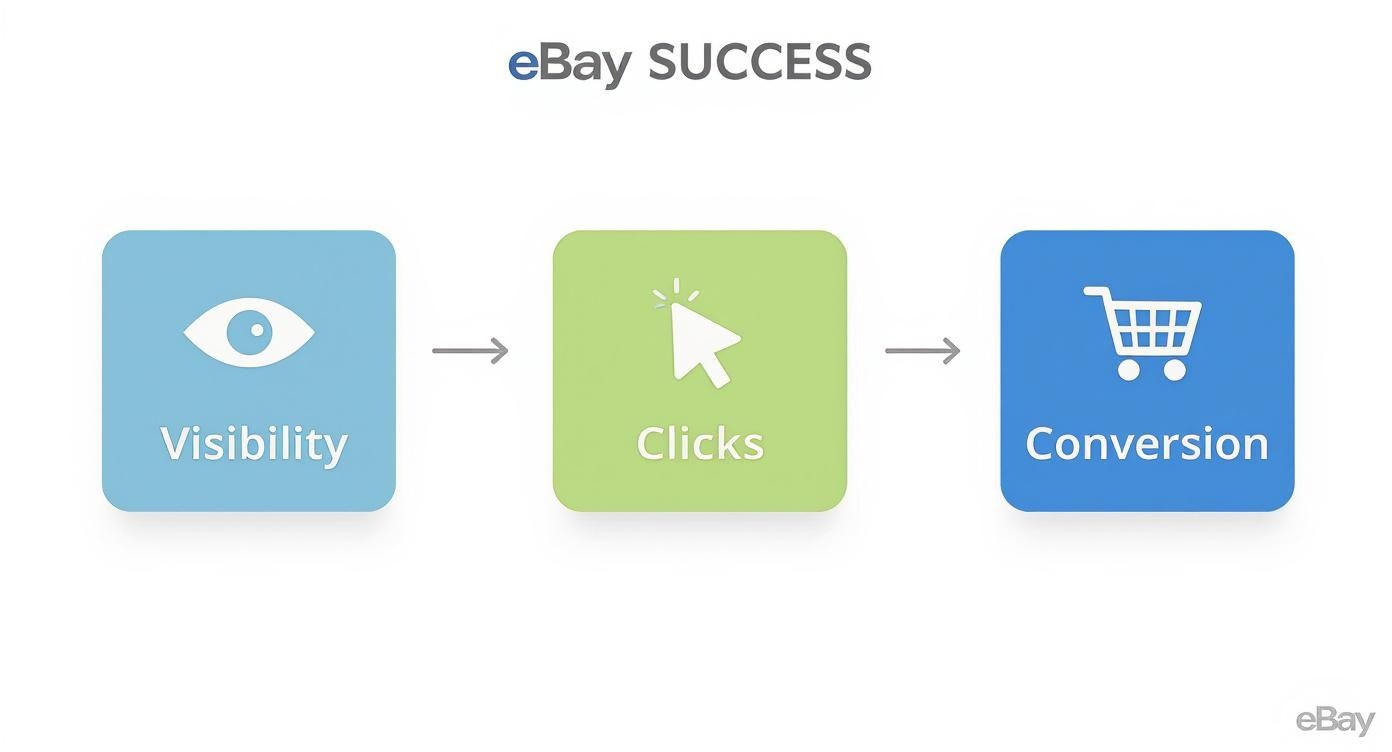 eBay success strategy diagram showing the flow from visibility to clicks to conversion.