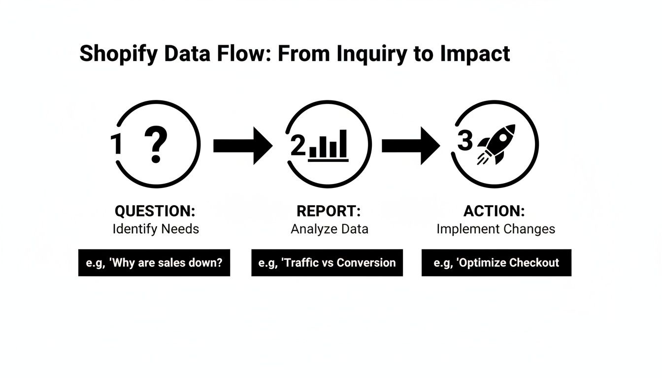 Diagram showing Shopify's three-step data flow from question to action for business improvement.