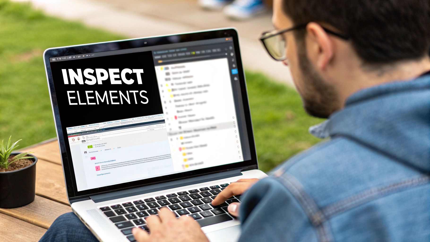 A person wearing glasses is using a laptop outdoors, focusing on the screen displaying 'INSPECT ELEMENTS'.