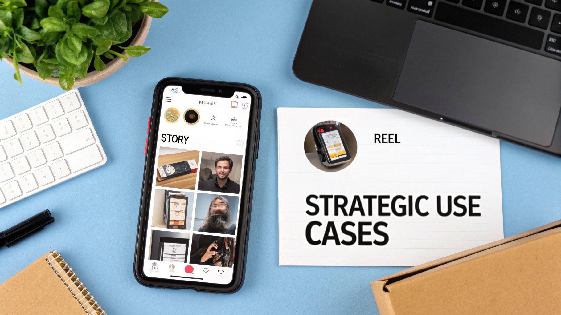 Overhead view of a blue desk with a smartphone displaying 'STORY' content, and a card titled 'REEL'.