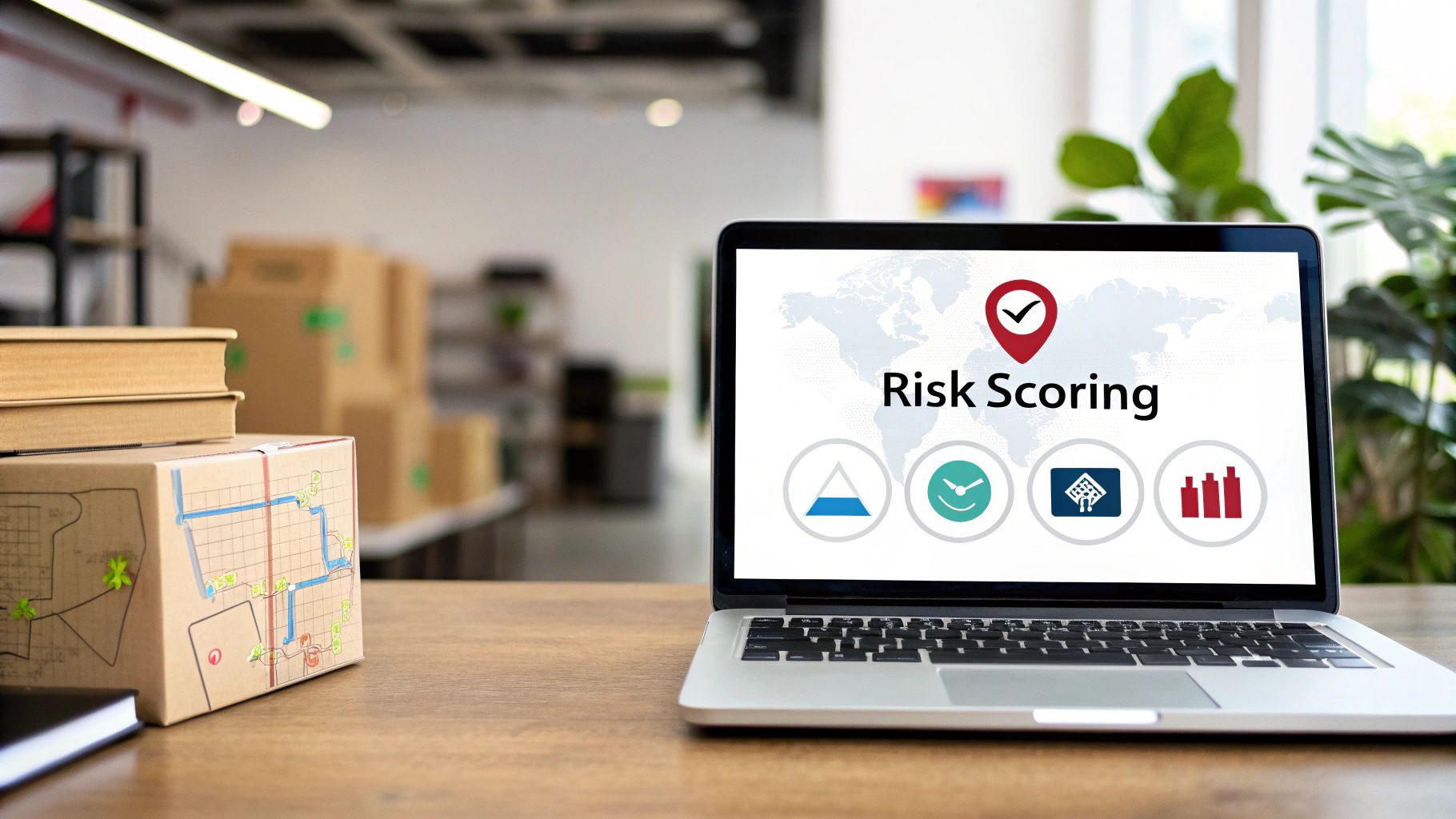 A laptop on a wooden desk displays 'Risk Scoring' with a world map and icons, next to books and a box.