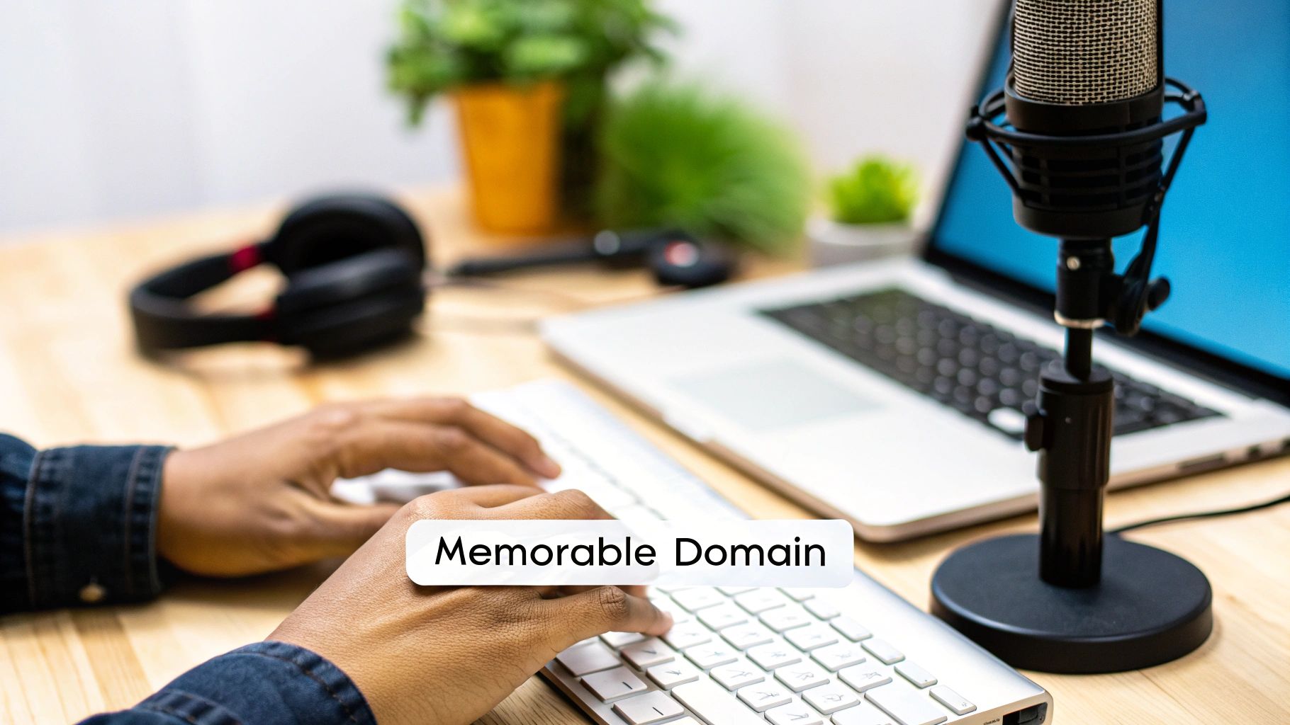 Hands typing on a keyboard at a desk with a laptop, microphone, and headphones, displaying 'Memorable Domain'.