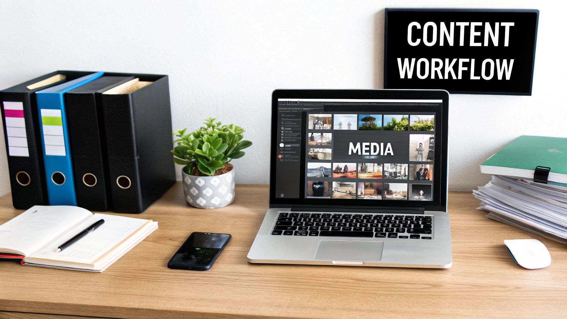 A desk with a laptop showing media files, office binders, a plant, and a 'CONTENT WORKFLOW' sign.