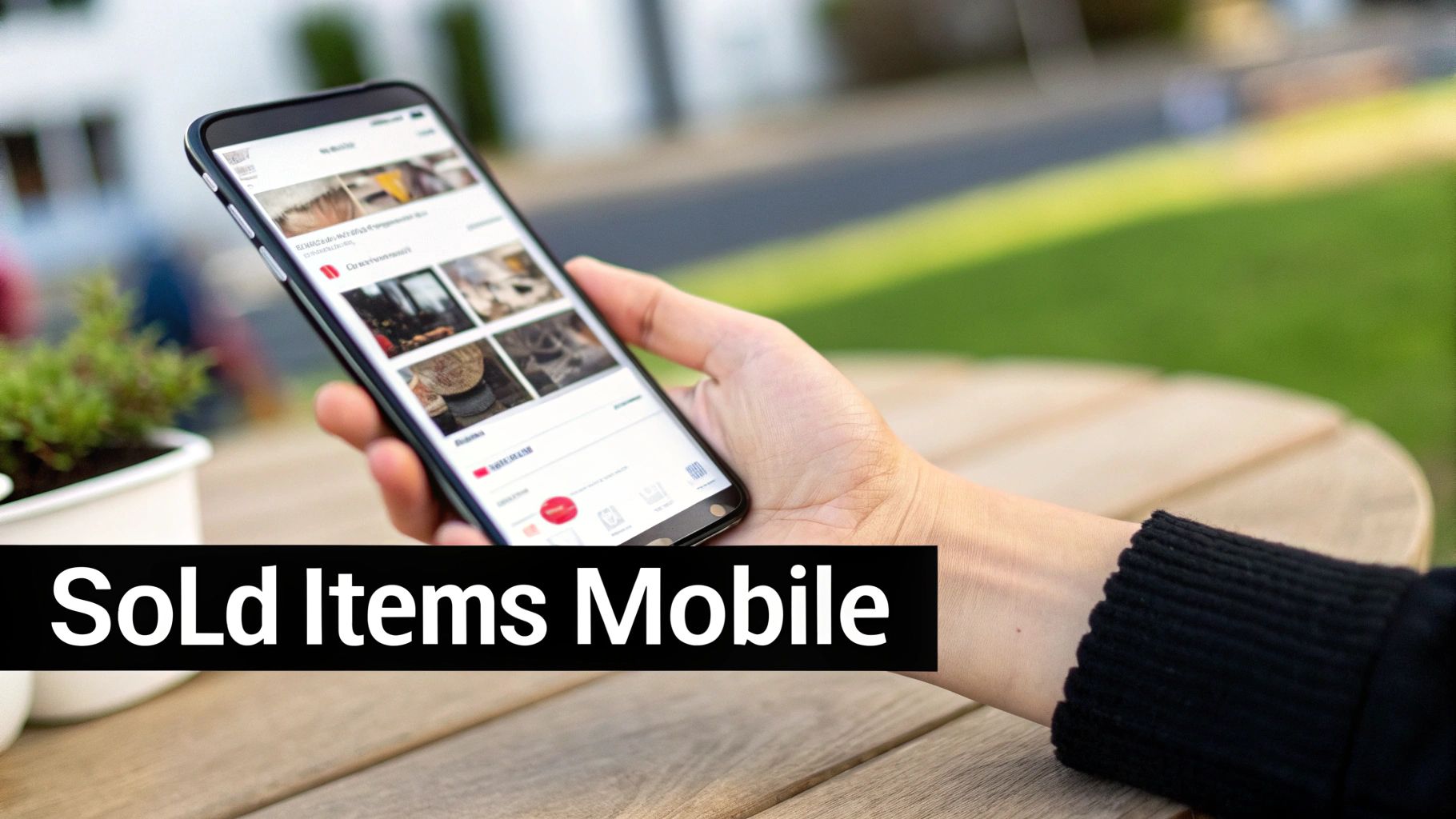 A hand holds a smartphone displaying a 'Sold Items' mobile app screen on an outdoor wooden table.
