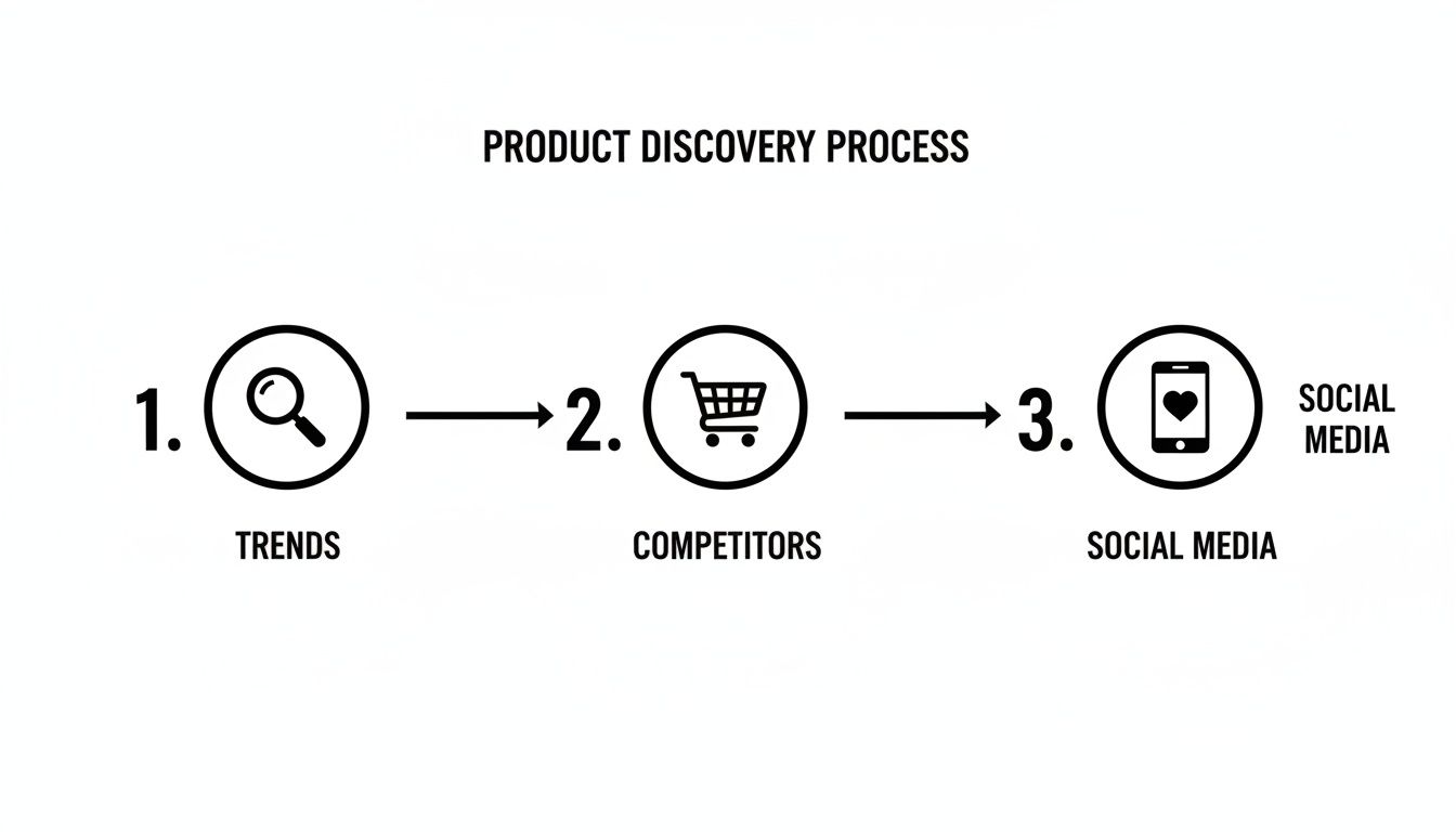 Infographic illustrating the product discovery process, including trends, competitors, and social media analysis.