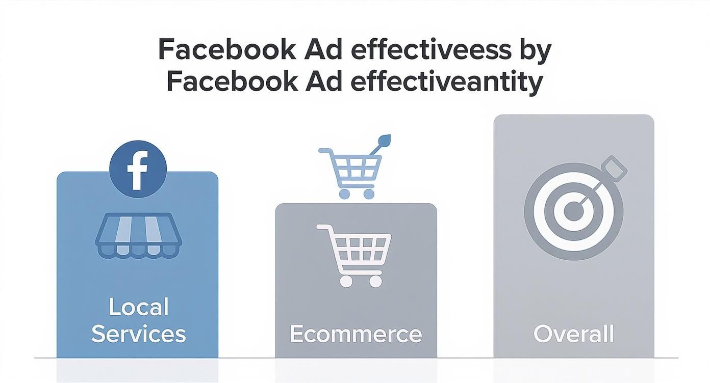 Infographic illustrating Facebook Ad effectiveness for local services, ecommerce, and overall business categories.