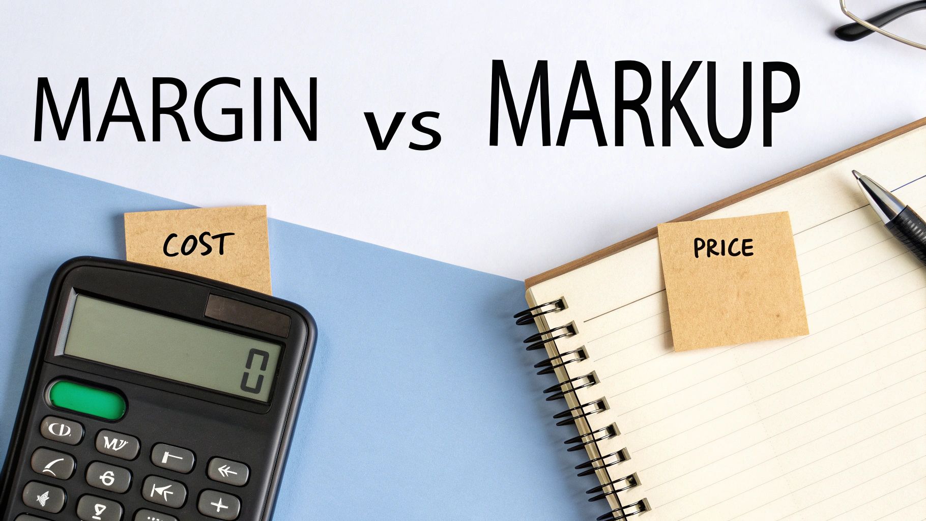 A calculator, notebook, and sticky notes visually explaining MARGIN vs MARKUP, COST, and PRICE.
