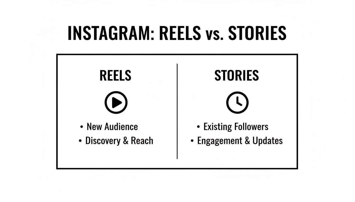 A comparison chart detailing the differences between Instagram Reels and Stories for audience reach and engagement.