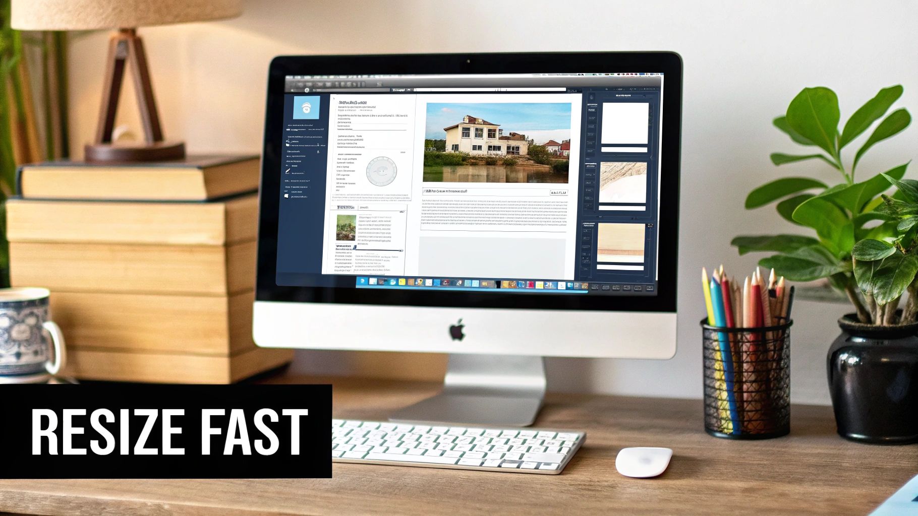 A wooden desk featuring an iMac displaying a webpage, stacked books, a plant, and various desk supplies.