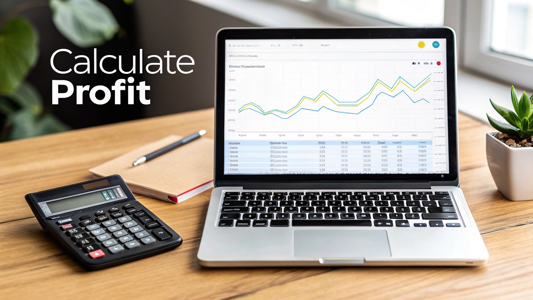 Laptop displaying profit calculation spreadsheet with graphs, calculator and notebook on wooden desk