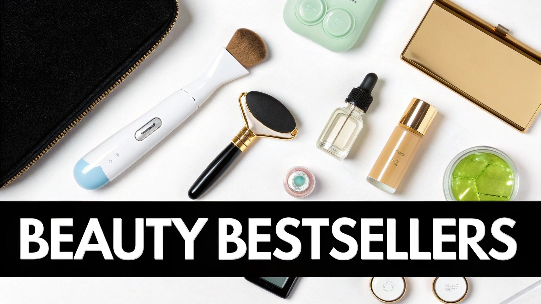 A flat lay of various beauty bestsellers including a facial brush, roller, foundation, and skincare products.