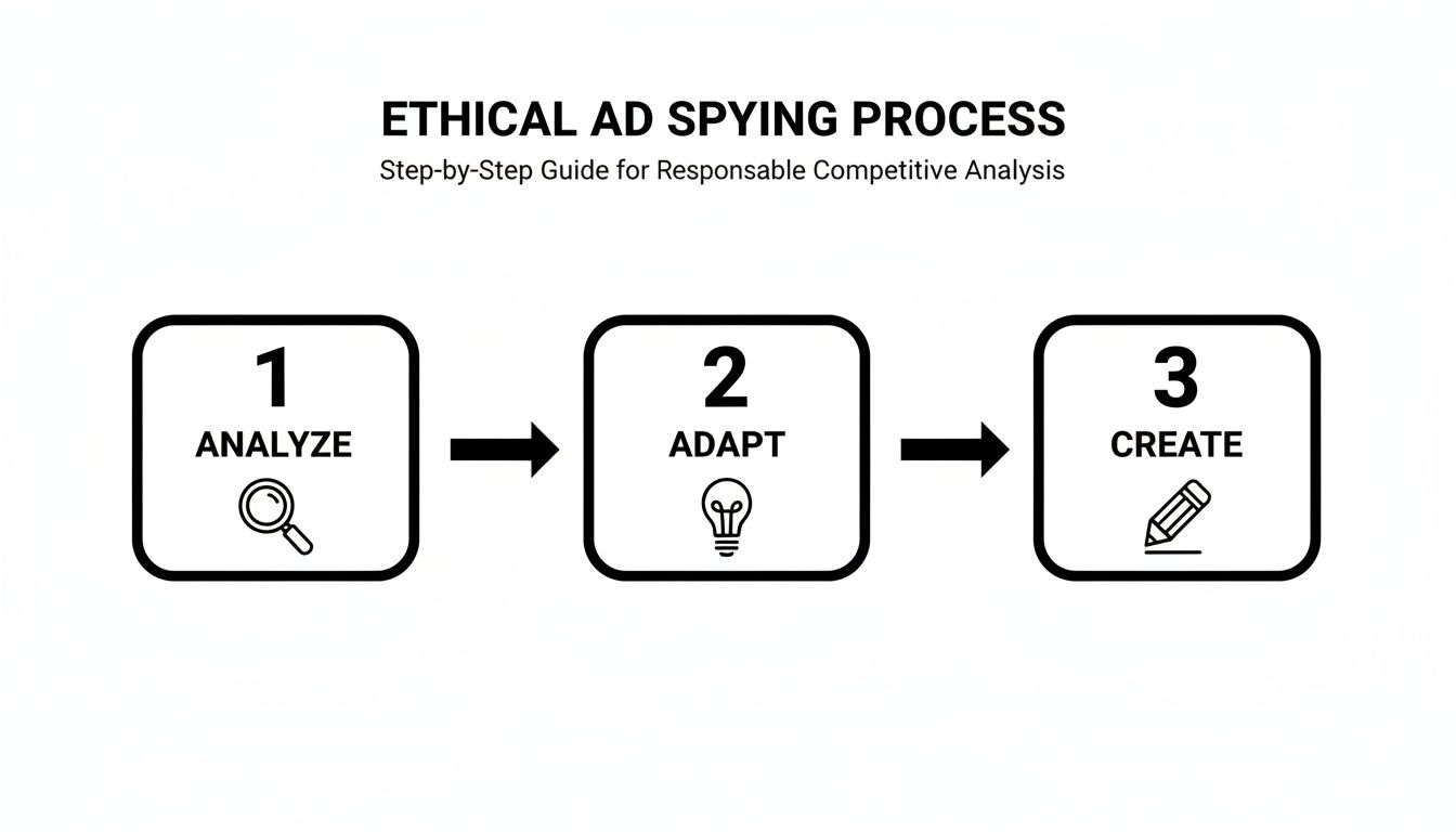 A step-by-step ethical ad spying process with analyze, adapt, and create stages.