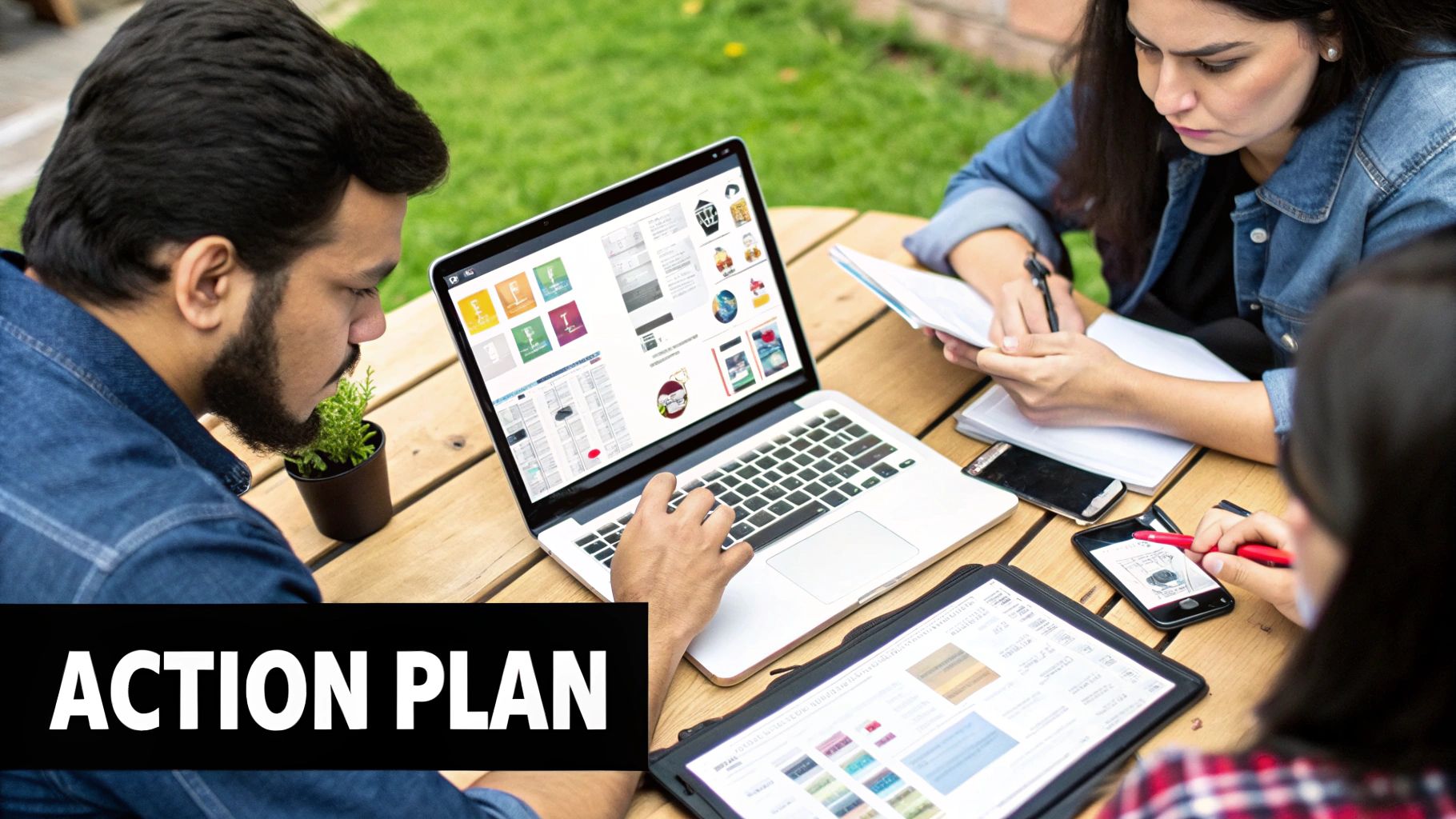 Diverse team collaborating on an action plan using laptops, tablets, and notebooks outdoors.