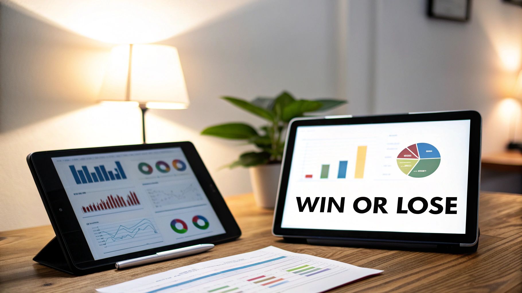Two tablets and a document on a wooden desk displaying various business charts and 'WIN OR LOSE' text.