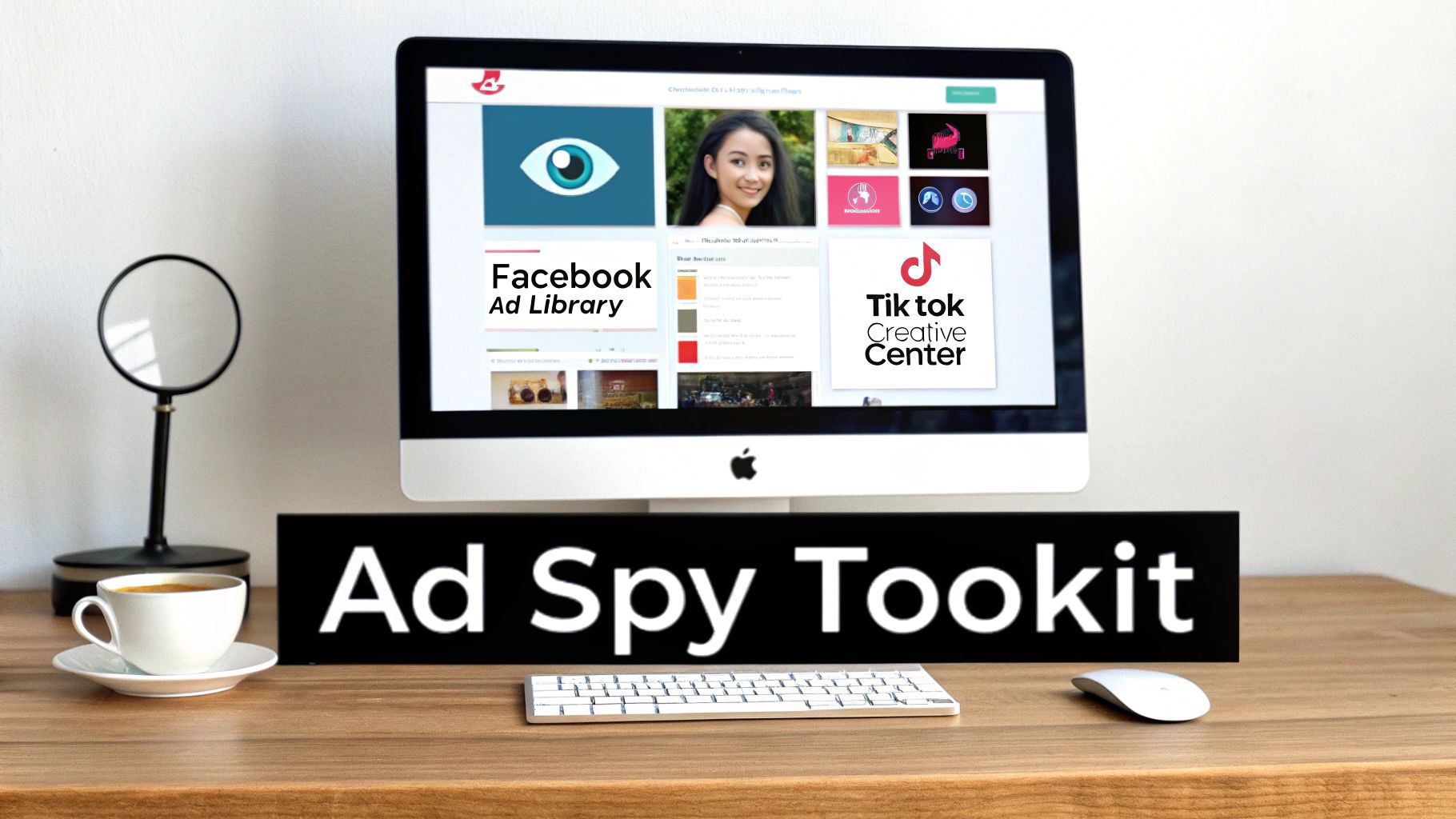 A modern desk setup with an iMac displaying Facebook and TikTok ad spy tools, along with a coffee cup and magnifying glass.