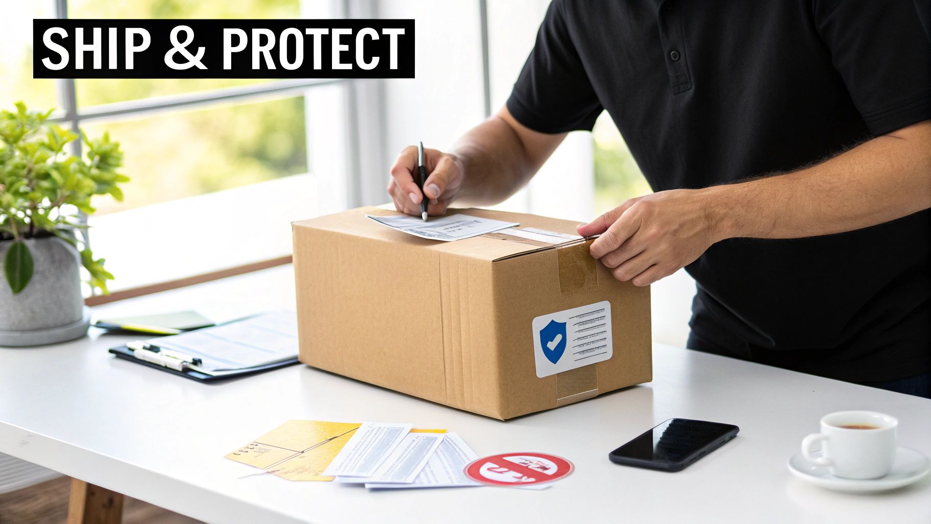 A person in a black shirt signs a label on a brown cardboard shipping box with a protection sticker.