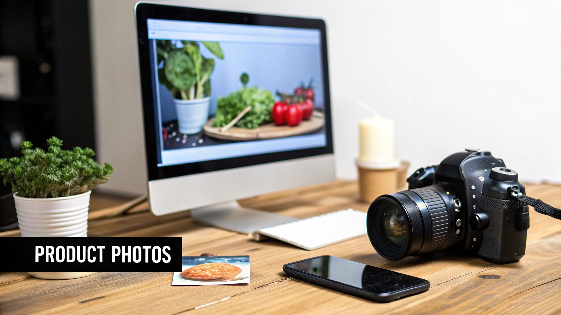 A desk with a computer displaying food product photos, a DSLR camera, smartphone, and plant.