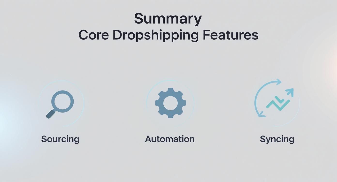 Summary of core dropshipping features: Sourcing, Automation, and Syncing, with their respective icons.