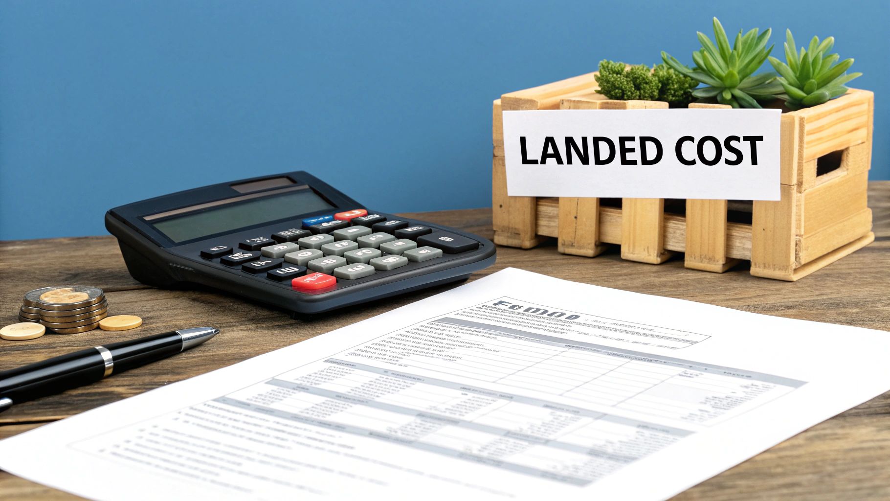Landed cost calculation with calculator, documents, coins and miniature pallet on wooden desk