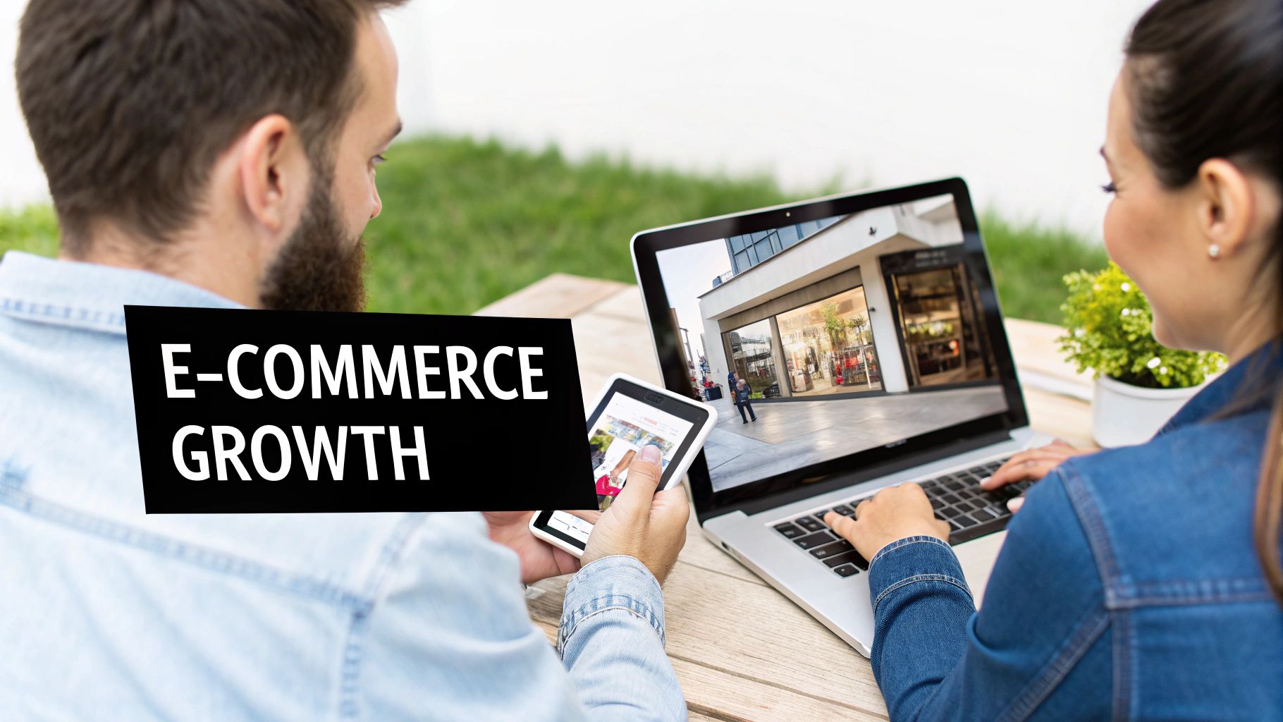Two people use a laptop and tablet, with 'E-COMMERCE GROWTH' text visible, representing digital retail.
